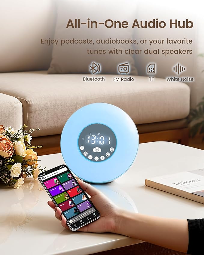 Glocusent 2×5W Stereo Sunrise Alarm Clock, Sleep Aid with Timer, 14 White Noise Tracks, 8 Color Night Light, 10-Level Dimming, Bluetooth Speaker/FM/TF, Dual Alarms with Snooze, Gift for Adults & Kids