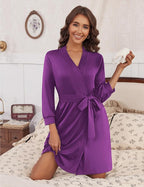 Ekouaer Women‘s Robes Lightweight 3/4 Sleeve Short Knit Bathrobe Soft Knee Length Sleepwear Robes with Pockets S-XXL