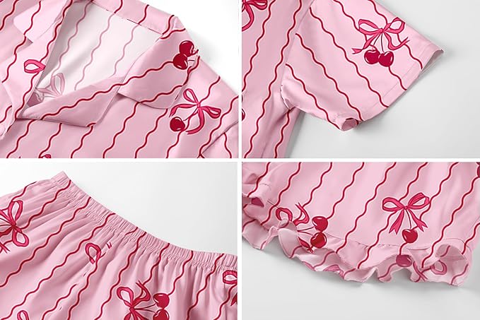 Umeyda Girls & Women Satin Pajamas Set Button Down 2 Piece Silk Pjs Shorts Set Ruffle Sleepwear, 5 Years-Women L