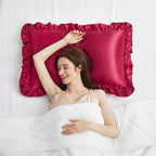 Silky Satin Ruffled Pillow Cases for Hair and Skin,Wine Red Silk Pillowcases Queen Set of 2 with Envelope Closure Princess Room Decoration