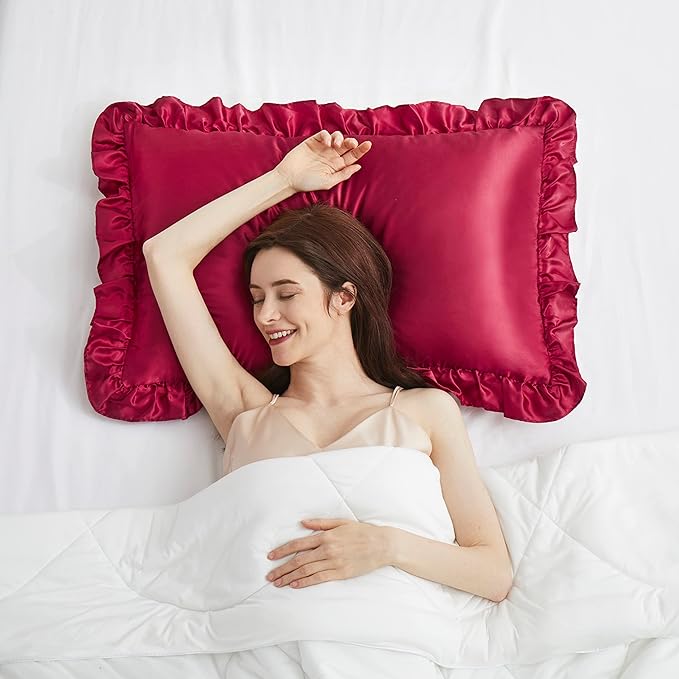 Wine Red Satin Ruffled Pillow Cases for Hair and Skin,Wine Red Silk Pillowcases Standard Set of 2 with Envelope Closure Princess Room Decoration