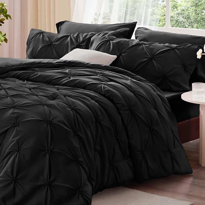 BEDELITE Black Twin Comforter Set - 2 Peices Boho Pintuck Bedding Comforter Sets, Lightweight Soft & Warm Twin Bedding Sets with 1 Pillowcase for All Season