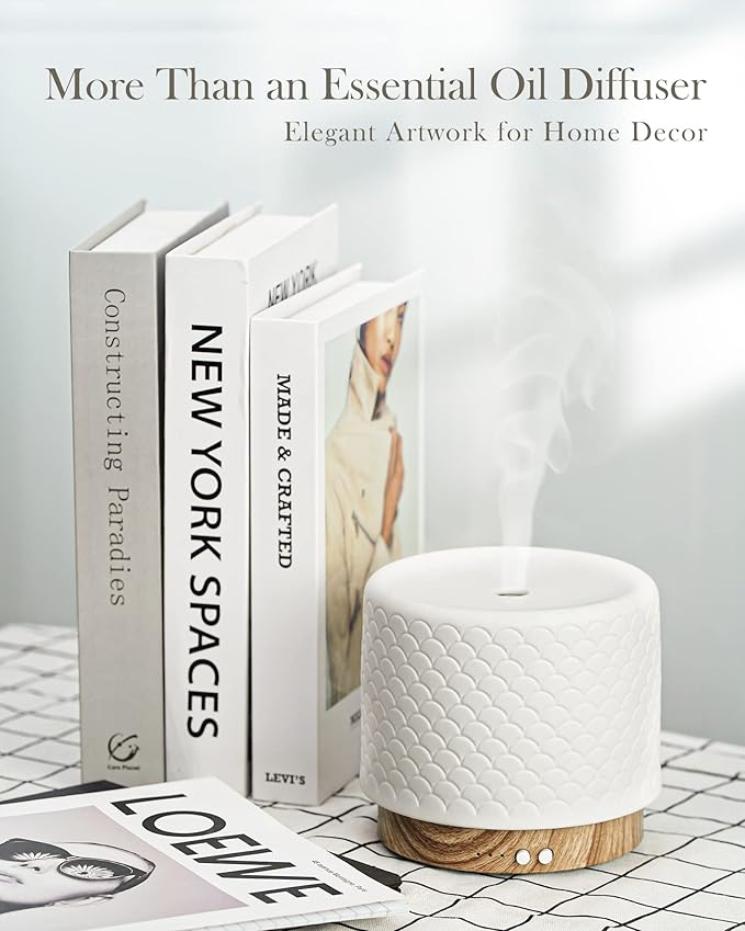 Essential Oil Diffuser -280ml Ceramic Diffuser for Large Room&Commercial Use, 2.4MHz Cool Mist Humidifier & Independent Decorative Light & Aromatherapy Diffuser,2 Mist,Timer,Auto-Off