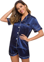 SWOMOG Womens Silk Satin Pajamas Set Short Sleeve Sleepwear Button Down Top and Shorts Loungewear 2 Piece Pjs Set XS-3XL