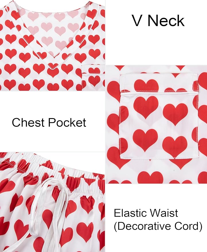 ASTANFY Valentines Day Pajamas Women 2 Piece Silk Valentine Pjs Cute Heart Pajamas V Neck Satin Sleepwear Loungewear Set