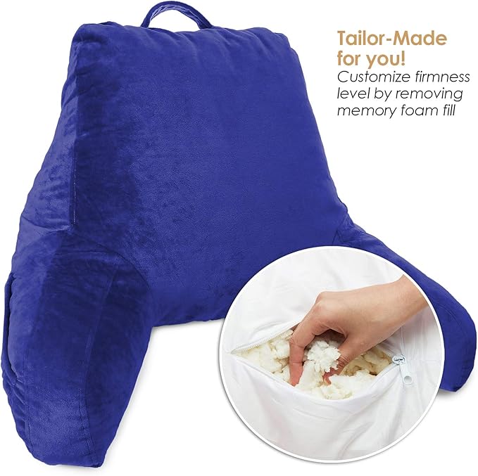 Clara Clark Reading Pillow with Shredded Memory Foam for Sitting Up in Bed and Couch, Back and Arms Adjustable Support for Adults & Teens Backrest Pillows for Reading, with Washable Cover Royal Blue