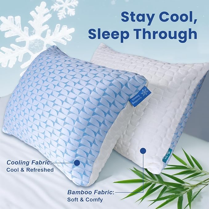 QUTOOL Firm Pillow Shredded Memory Foam, Cooling Pillow for Hot Sleeper, Adjustable Bed Pillow for Side Back Stomach Sleepers, Washable Cover, CertiPUR-US Certified, King Size