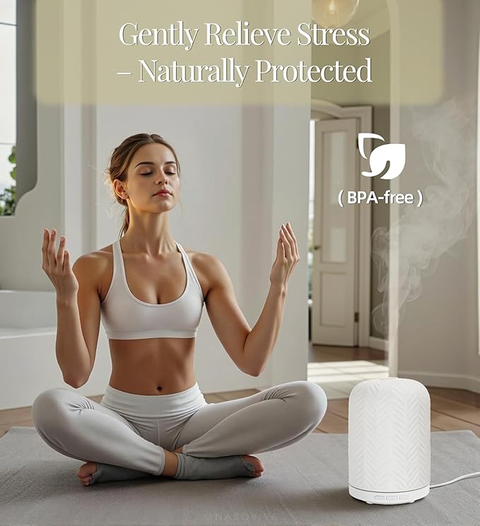 Onaboviva Essential Oil Diffuser - 2.4MHz Ultrasonic Ceramic Diffuser for Home, 120ml, Pulse&Continuous Mist, Bright/Dim/Breathing Lighting, Waterless Auto-Off, Aromatherapy Diffuser with USB Cable