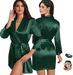 WJing Yi Jia 2Pcs Womens Floral Kimono Robe Silk Robes Bride Bridesmaid Satin Robes Bridal Dressing Gown Silky Bathrobe