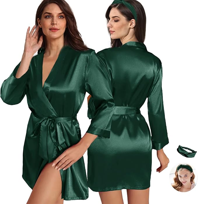 WJing Yi Jia 2Pcs Womens Floral Kimono Robe Silk Robes Bride Bridesmaid Satin Robes Bridal Dressing Gown Silky Bathrobe
