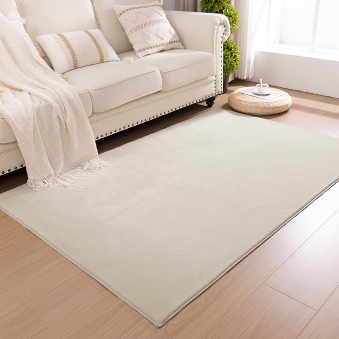 SHACOS Silky Soft Faux Rabbit Fur Area Rug 4'x6' Non Slip Washable Padded Medium Thick Rugs Fluffy Cozy Indoor Modern Carpet for Living Room Bedroom Dining Room Kids Room Dorm Home Decor, Beige