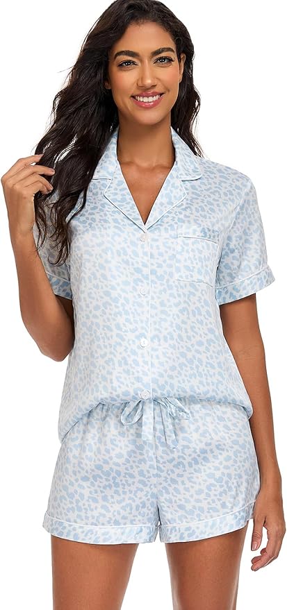 Serenedelicacy Women's Satin Pajama Set 2-Piece Sleepwear Loungewear Button Down Short Sleeve Silky PJ Set