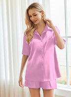 Ekouaer Pajamas for Women Silk Satin Pjs Soft Sleepwear Short Sleeve Button Down Pjs Top and Shorts 2 Piece Lounge Set S-XXL