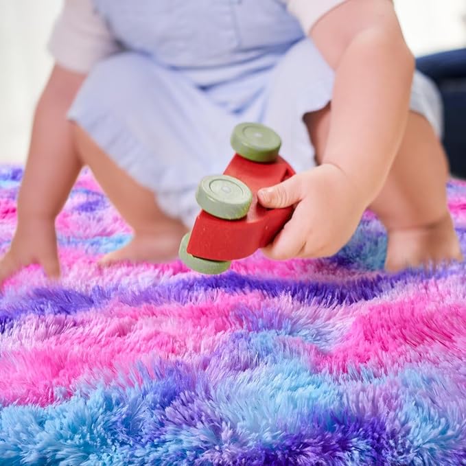 junovo 3x5 Washable Area Rug for Girls Bedroom, Tie-Dyed Hot-Pink Soft Non-Slip Fluffy Bedside Rugs, Shag Plush Memory Foam Carpet for Kids Room Baby Nursery Home Decor Aesthetic