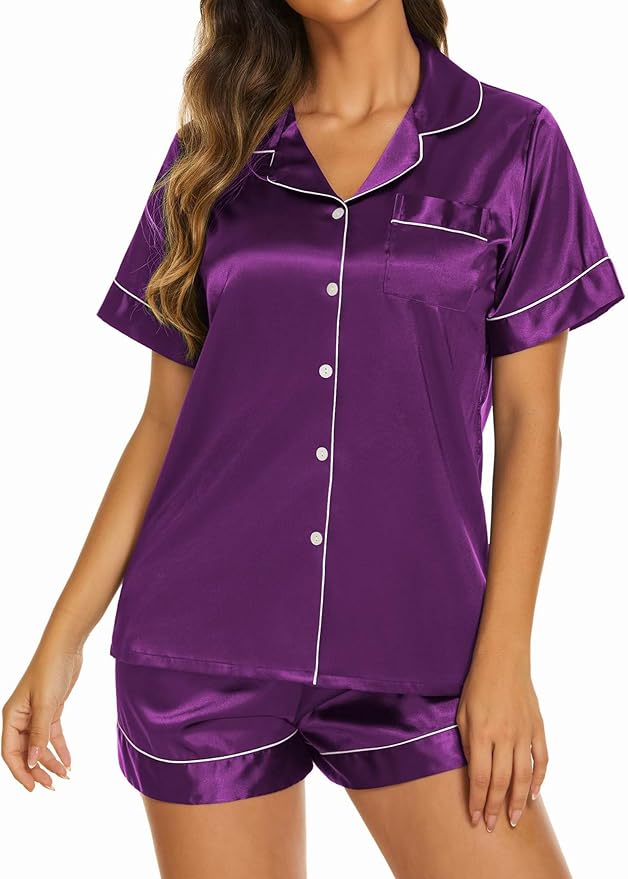 Ekouaer Silk Pajamas for Women Short Sleeve Sleepwear Soft Button Down Loungewear 2 Piece Satin Pjs Shorts Set