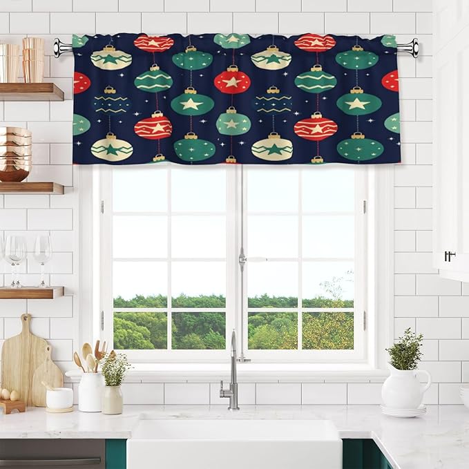 Christmas Ornaments Stars and Stripes Art Night Sky Background Curtain Valance 54x18in, Soft Peach Skin Polyester Window Treatment with 3in Rod Pocket, Light Filtering for Kitchen Bath