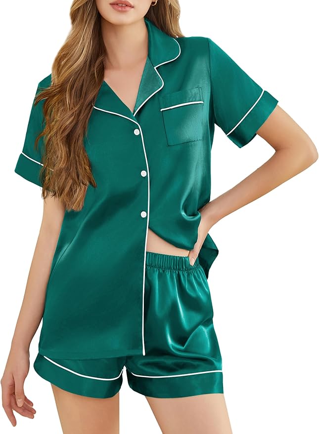 Silk Pajamas for Women Short Sleeve Sleepwear Soft Button Down Loungewear 2 Piece Satin Pjs Shorts Set S-XXL