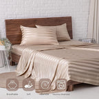 MR&HM Satin Bed Sheets, Full Size Sheets Set, 4 Pcs Silky Bedding Set with 15 Inches Deep Pocket for Mattress (Full, Champagne Striped)