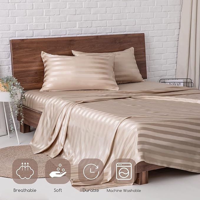 MR&HM Satin Bed Sheets, Queen Size Sheets Set, 4 Pcs Silky Bedding Set with 15 Inches Deep Pocket for Mattress (Queen, Champagne Striped)