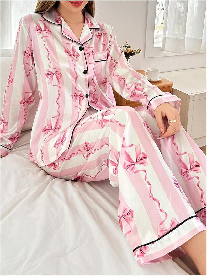 WDIRARA Women's 2 Piece Bowknot Print Satin Pajama Set Long Sleeve Button Down Lounge Pants Sleepwear Sets