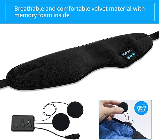 Wireless Sleep Mask,SKEYEOL Sleep Headphones,Adjustable&Washable Music Travel Sleeping Headset with Built-in Speakers Microphone Hands-Free for Air Travel,Siesta and Sleeping