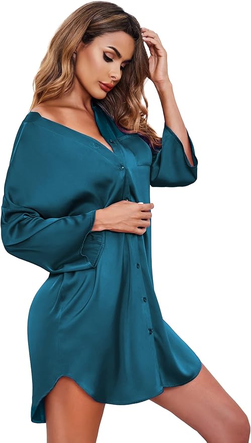 Ekouaer Satin Nightgowns for Women Silk Sleepwear Button Down Sleepshirt 3/4 Sleeve V-Neck Nightshirts with Pockets