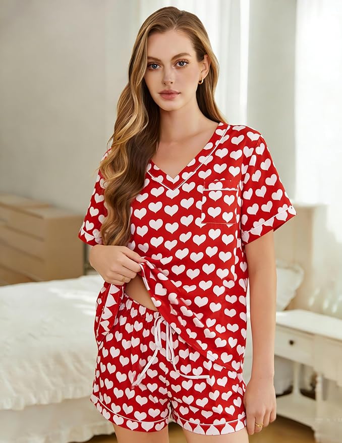 ASTANFY Valentines Day Pajamas Women 2 Piece Silk Valentine Pjs Cute Heart Pajamas V Neck Satin Sleepwear Loungewear Set