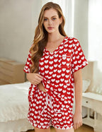 ASTANFY Valentines Day Pajamas Women 2 Piece Silk Valentine Pjs Cute Heart Pajamas V Neck Satin Sleepwear Loungewear Set