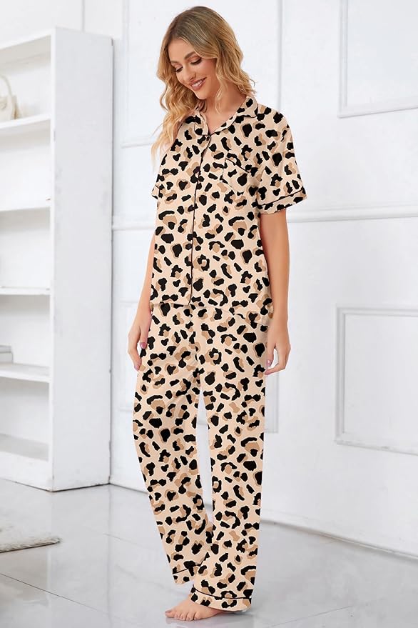Umeyda Girls Womens Pajamas Set, Satin Silky Button Down Loungewear 2 Piece Short Sleeve Pants PJS Sets for Mommy Kids