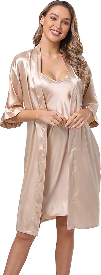 Women's Satin Robes Set with Nightgown Silk Kimono Pajamas 2 Piece Sleepwear Camisole Wedding Bride Gown Set