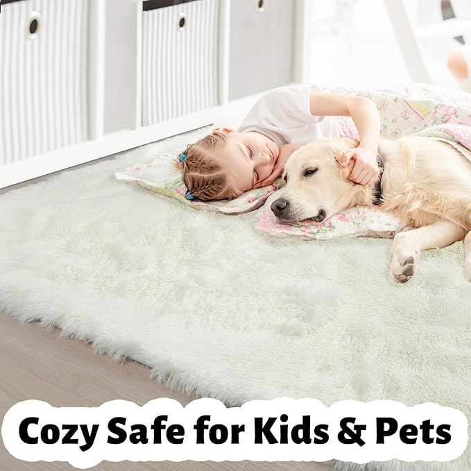 Amdrebio Ivory Rugs for Living Room Bedroom, 6x9 Soft Fluffy Area Rug for Kids Nursery, Furry Fuzzy Plush Shaggy Cream White Carpet for Classroom Playroom Home Decor, Cute Modern Thick Neutral Rug