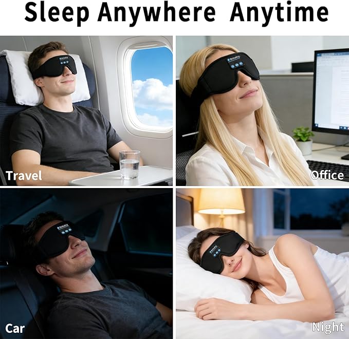 Sleep Mask with Bluetooth Headphones, 100% Light Blocking Sleep Headphones for Side Sleepers Men Women, Eye Mask with Thin Stereo Speakers, Soft Eye Cover for Travel Gift