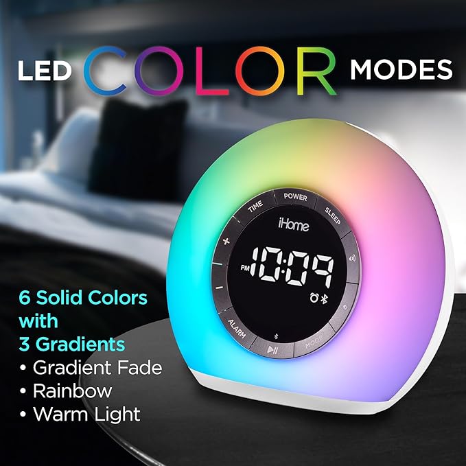 iHome Sunrise Alarm Clock Radio with Bluetooth Speaker, Color Changing Lamp, and USB Charging (iBT32)