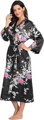 Valennia Women Long Silky Bathrobe Satin Kimono Robe Floral Printed Dressing Gown Sleepwear