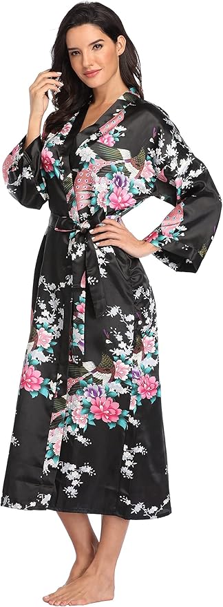 Valennia Women Long Silky Bathrobe Satin Kimono Robe Floral Printed Dressing Gown Sleepwear
