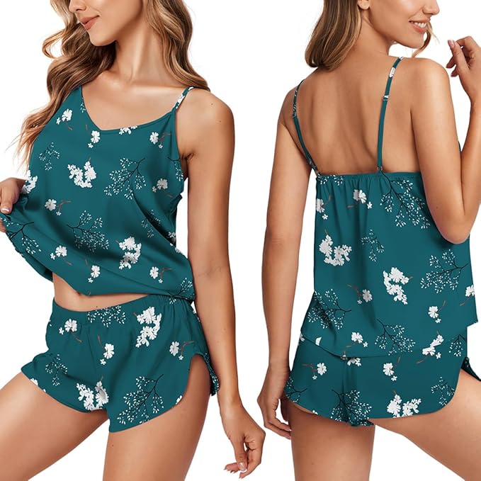 Ekouaer Silk Pajamas for Women Satin Cami Pjs Set V Neck Camisole Shorts Set Adjustable Strap Sleepwear