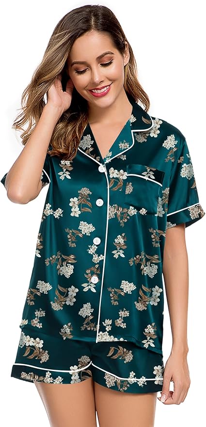 LecGee Womens Silk Satin Pajamas Short Sleeve Loungewear Two-Piece Sleepwear Button-Down Pj Set