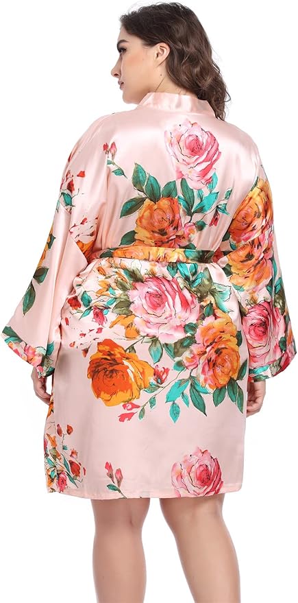 MissNina Women's Floral Satin Kimono Robes Short Silky Bridesmaid Robes Sleepwear