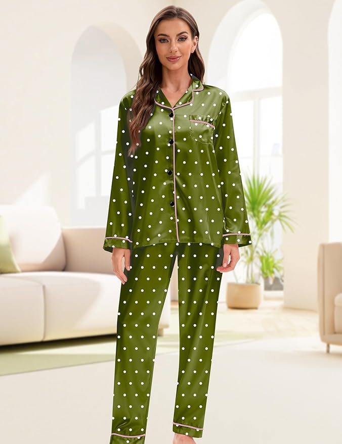 EPLAZA Silk Pajamas for Women Satin Pajamas Set 5 Pcs Long Sleeve Print Pattern Button Down Pjs Sleepwear Loungewear Set