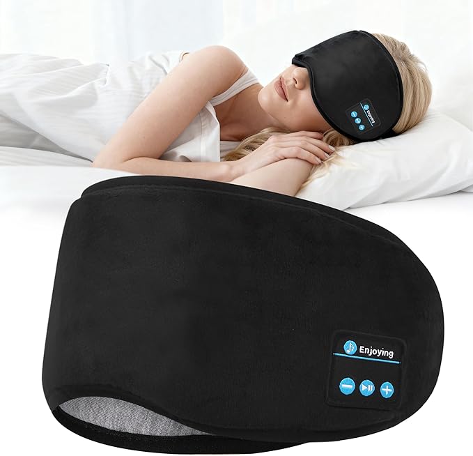 Sleep Mask Bluetooth Wireless Headphones, Sleep Earphones Music Eyemask, 2 in 1 Ear Mask and Eye Mask for Side Sleepers, Warm Earbuds Built-in HD Speakers Blindfold for Men Women (Black)