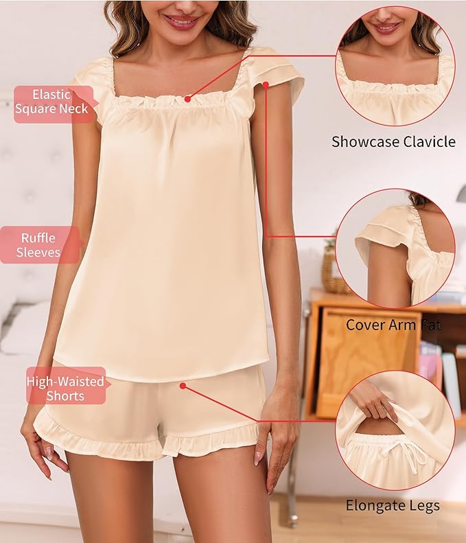 Satin Pajama Set for Women 2 Piece Silk Pjs Ruffle Sleeve Top and Shorts Cute Bridal Sleepwear Set S-XXL