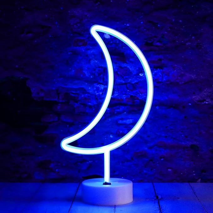 Neon Moon Lights, LED Moon Decor Neon Signs Crescent Night Lights Art Decorations Lamp for Party Supplies, Children Kids Girls Gift-Holder Base(Blue)