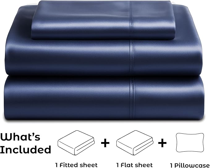 Pure Bedding Satin Sheets Twin Hotel Luxury Silky Bed Sheets - Extra Soft 1800 Microfiber Sheet Set, Wrinkle, Stain Resistant - Deep Pocket Fitted Flat Sheet, Pillow Cases (3-Piece, Midnight Blue)