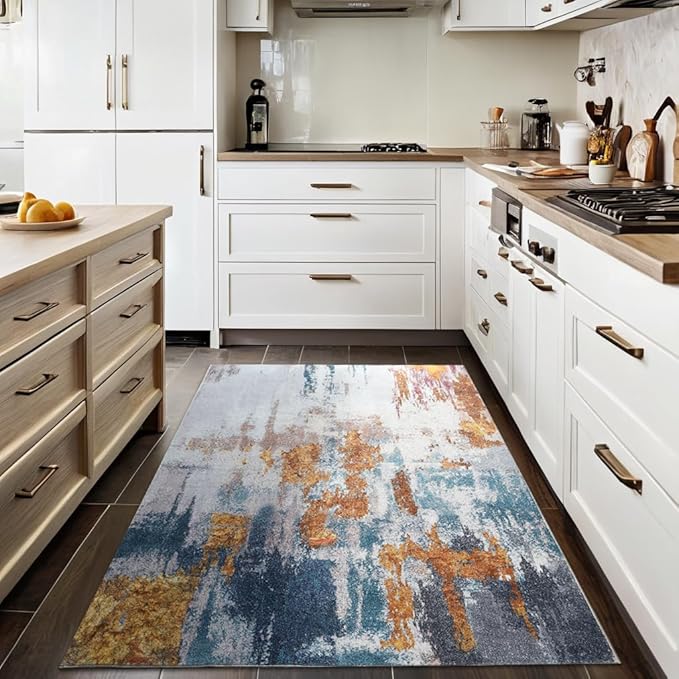 Entryway Rug Indoor Door Mat 3x5 Washable Boho Small Area Rug Non-Slip Ultra Soft Faux Wool Vintage Rug for Kitchen, Bathroom, Entrance, Throw Carpets for Bedroom, Living Room (Blue, Grey, Gold)