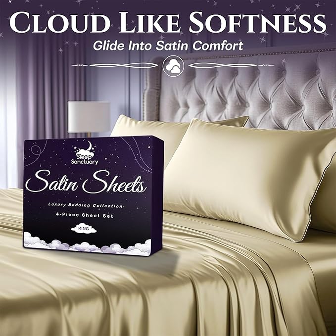 SLEEP SANCTUARY Satin Sheets King Size – 4 Piece Luxury Silky Bed Set, Softer Than Silk, 15" Deep Pocket, Cooling & Wrinkle-Free, Moisture-Wicking & Breathable for Hair & Skin (Champagne)