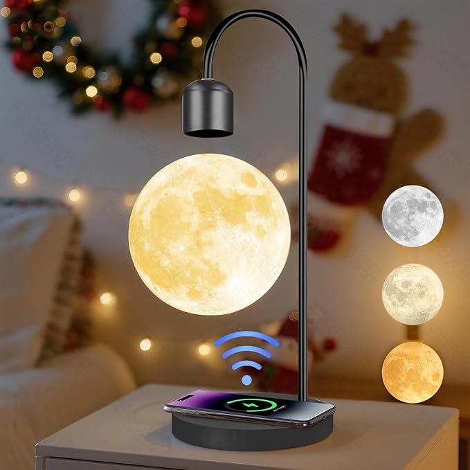 Magnetic Levitating Moon Lamp with 15W Wireless Phone Charger 3-Color LED Floating Night Light Desk Lamp for Bedroom Home Office Decor