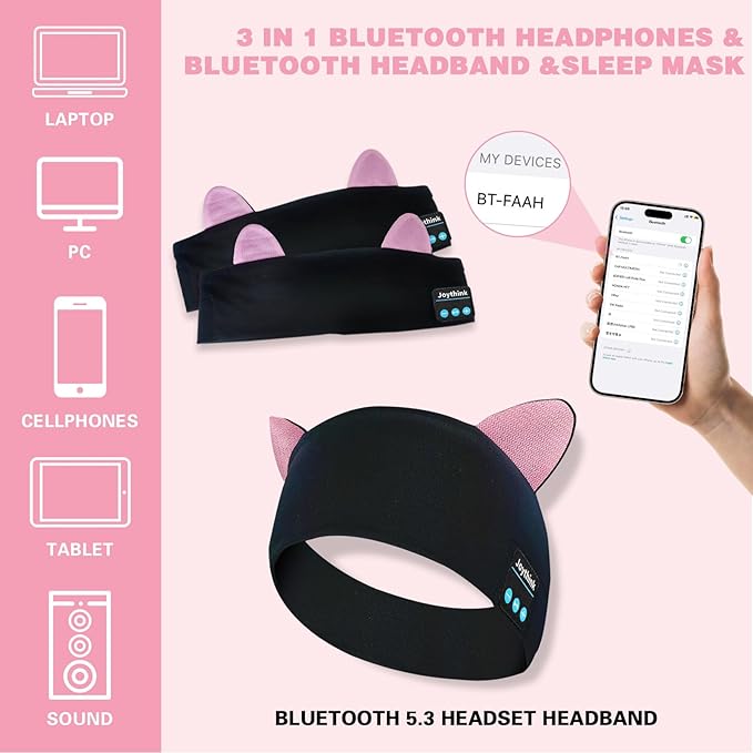 Joythink Kids Bluetooth Headband Headphones Sleep Mask Wireless Earphones Built in Thin Speaker Adjustable Sports Headset Sleep Headband for Girls Boys Toddler Children Baby Airplane Travel Study