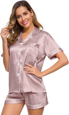 SWOMOG Womens Silk Satin Pajamas Set Short Sleeve Sleepwear Button Down Top and Shorts Loungewear 2 Piece Pjs Set XS-3XL