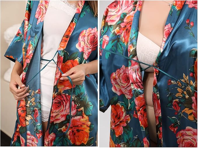 QXQTER Peony Floral Silky Satin Robe Wedding Bridal Party Bride Bridesmaid Robes for Women Dressing Gown Kimono Robe