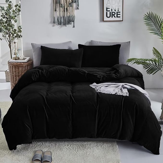 Luxlovery Black Velvet Comforter Set King Men Plush Fluffy Black Bedding Set Dark Color Minimalist Bedding Set Solid Modern Blanket Quilts Winter Warm Flannel Comforter Set for King Bed